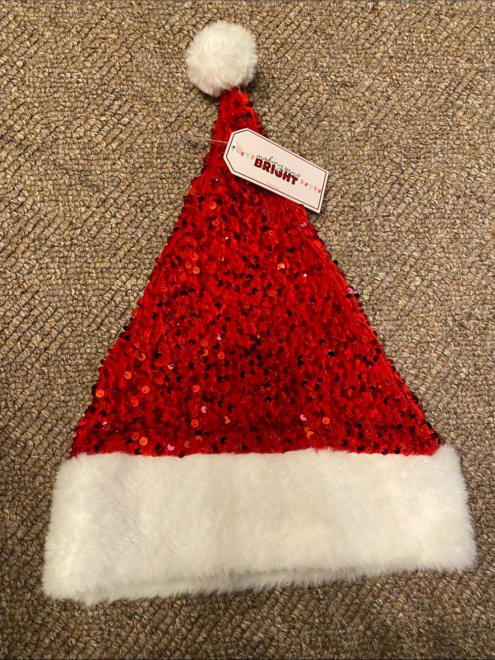 Sequin Red Santa Hat with White Faux Fur Trim